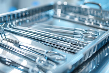 Shiny dental instruments on tray, meticulously arranged for efficient dental care