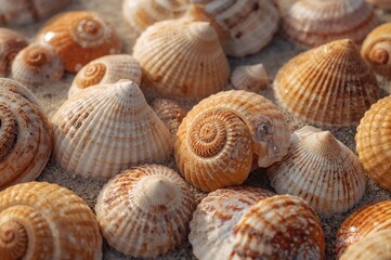 Close-up view of stunning seashells scattered on the shore