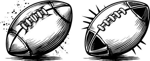 Vintage hand-drawn rugby ball illustrations set for sports design and decor