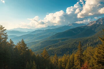 Obraz premium Scenic mountain range blanketed by lush greenery under a clear summer sky