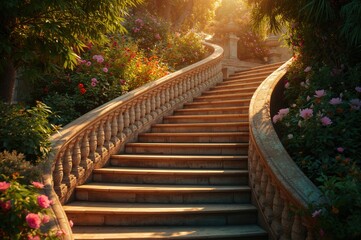 Sun-drenched stone staircase in a hidden garden setting