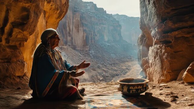 indigenous elderly man during ritual of land blessing in sacred canyon. native american heritage day, spiritual connection with nature. mindfulness, inner peace. cultural traditions and customs