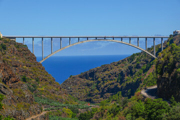 Scenic view of Los Tilos Bridge, the longest and highest arch bridge built in La Palma Island, Spain, Europe