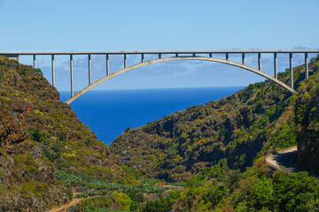 Scenic view of Los Tilos Bridge, the longest and highest arch bridge built in La Palma Island, Spain, Europe	