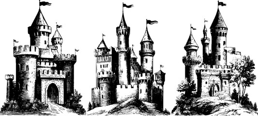 Fototapeta premium Medieval fantasy castle engravings set for historical and fantasy designs