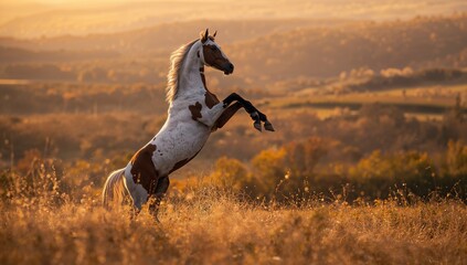 Stunning spotted horse standing tall in a fall meadow