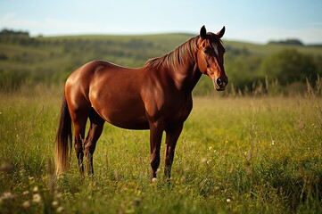 Obraz premium Warm brown horse standing in a green meadow during summer