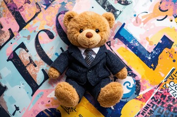 A teddy bear dressed in a suit lounging on a sophisticated graphic design created with AI technology