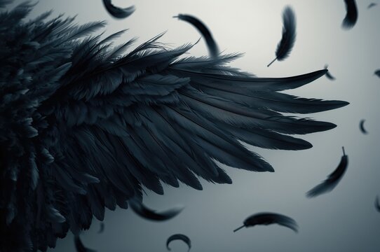 Elegant dark feathers drifting through the air against a plain backdrop