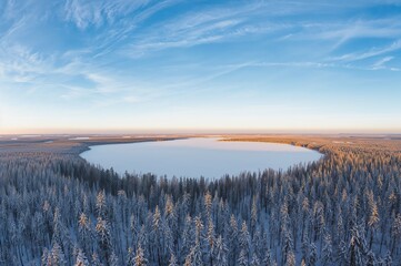 Fototapeta premium Stunning bird's-eye perspective of a vast icy lake surrounded by dense woodland.