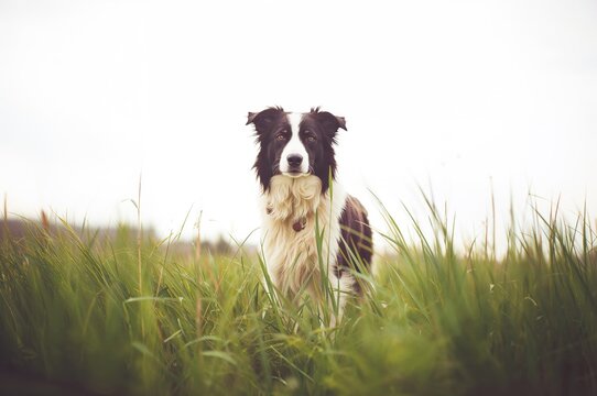 Stunning Border Collie standing on lush grass in an open natural setting beneath a pale sky