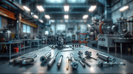 Precision manufacturing: Detailed metal parts and tools on a factory workbench