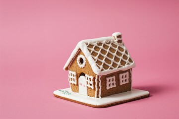 Handcrafted gingerbread cottage decorated with white frosting against a pastel pink backdrop. Idea of creating delightful handmade treats for festive occasions.