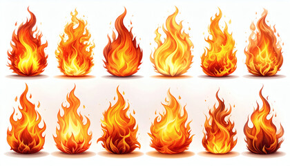 Eight fire flames isolated on white background burning fire vector illustration