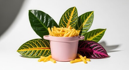 French fries in a pink bucket surrounded by green leaves