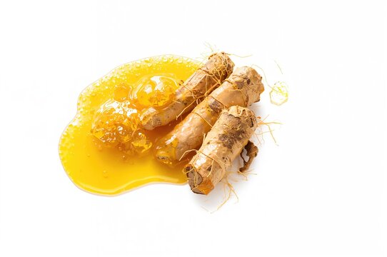 White Turmeric and Honey on a Clean White Backdrop, Natural Remedy, Organic, Herbal Ingredient, Wellness