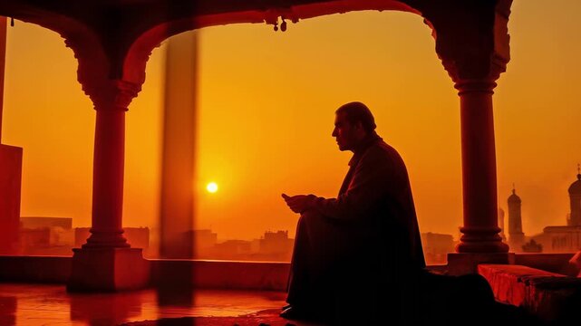 A spiritual sunset meditation: a tranquil scene of prayer and faith in Middle Eastern style. Divine light will illuminate the believer