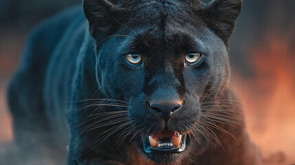 Panther in motion, dust trails, dynamic pose, detailed texture, low light, high contrast. clouds of dust, intense and dramatic.
