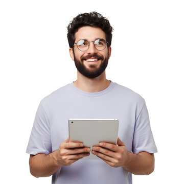 A smiling man with glasses holds a tablet in his hands and looks up and to the right