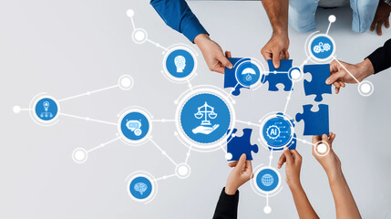 Collaborative Hands Assembling Puzzle Pieces Representing Ethics and Artificial Intelligence in...