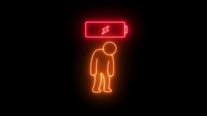 Glowing neon showing a low battery icon and a tired person appearing in the foreground, suggesting a concept of burnout and fatigue in medical professionals HD video animation.on a black backgraund.