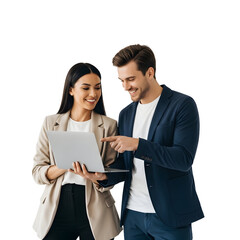Diverse business professionals collaborating happily on a laptop computer in a modern office setting, emphasizing teamwork and productivity