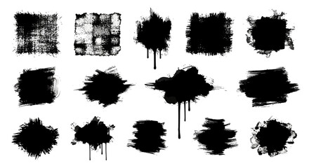 A Collection of 15 Diverse Abstract Ink Splatter Brush Stroke Textures and Grunge Effects for Creative Design Projects and Artistic Backgrounds