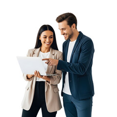Young professional colleagues collaborating on a laptop, discussing work and sharing ideas in a bright, modern office setting