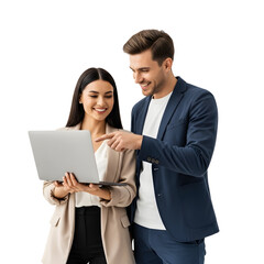 Two smiling business professionals looking at a laptop, pointing and discussing work on a white background