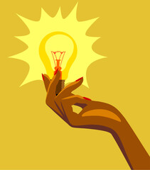 A woman's hand holds a glowing glass electric light bulb on a yellow background. Vector illustration in a flat, minimalistic style.