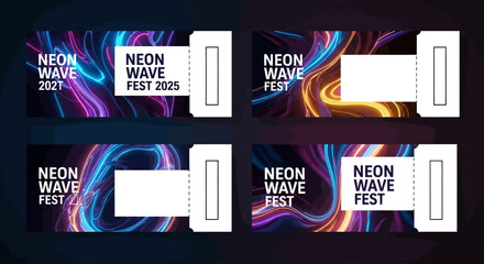 Vibrant Neon Wave Music Festival Tickets With Flowing Abstract Light Trails and Futuristic Electro Vibes for Live Performances and Electronic Dance Events