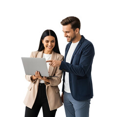 Smiling diverse business colleagues working together on a laptop, discussing a project while isolated on a white background