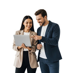 Smiling business professionals collaborating on a laptop, discussing ideas in a modern office setting