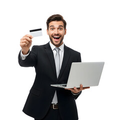 Ecstatic businessman holding a laptop and credit card, celebrating a successful online transaction or easy internet payment, isolated on white