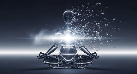 Advaita: a meditating figure in the lotus position, breaking into pieces, symbolizing transcendental states of mind, spirituality and union