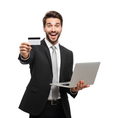 Cheerful entrepreneur in a formal suit making an online purchase with a credit card and laptop, isolated on white