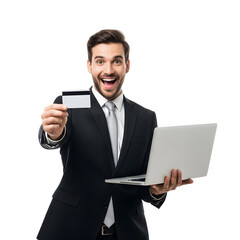 Excited young businessman in a formal suit holding a laptop and credit card for successful online shopping and e-commerce transactions