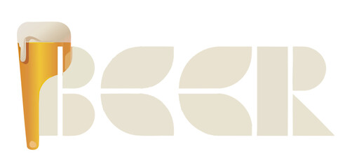 Creative Beer Typography Vector with Foamy Glass and Modern Geometric Letters, Minimalist Design for Bar, Pub, Party, Brewery