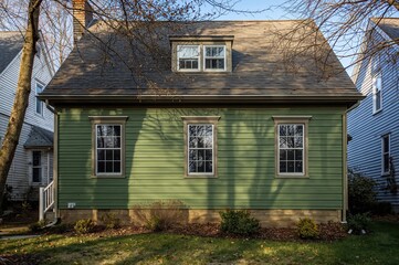 Concealed windows located on the rear side of a residence in a suburban neighborhood with green and white walls and window frames.