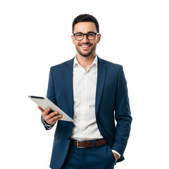 Portrait of a smiling businessman wearing glasses and a blue suit, holding a tablet in his hand on a white background
