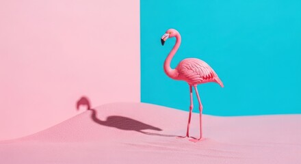 Pink flamingo figurine casting a shadow on a pink surface