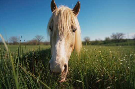 Close-up of a white horse in a grassy field under a clear summer sky