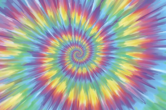 Colorful Spiral Tie Dye Design. Psychedelic Pattern. Continuous Hippie Style Background. Vibrant 2D Dyed Motif. Multi-Colored Spiral Pattern. Psychedelic Circle with Peace Theme. Bright Swirl