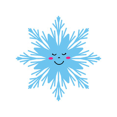 Cute blue snowflake with a smiling face and rosy cheeks.