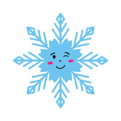 Cute Blue Snowflake Character. Adorable blue snowflake with a winking face, pink cheek