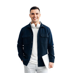 Young man holding a laptop and wearing headphones, smiling confidently against a white background