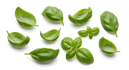 Fototapeta premium Fresh basil leaves scattered, isolated on a white background.