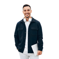 Portrait of a handsome young man in casual attire holding a laptop and smiling confidently, isolated on a white studio background
