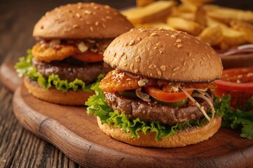 Close-up view of handcrafted burgers against a rustic wooden surface