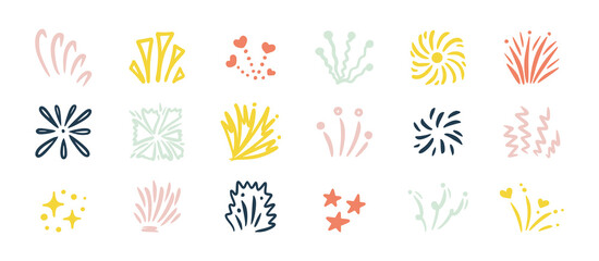 Fireworks, sparkles, doodle bursts. Festive hand drawn vector set of colorful star icons, explosion elements, and celebration shapes. Unique pastel design with fireworks, spark lines, glowing stars